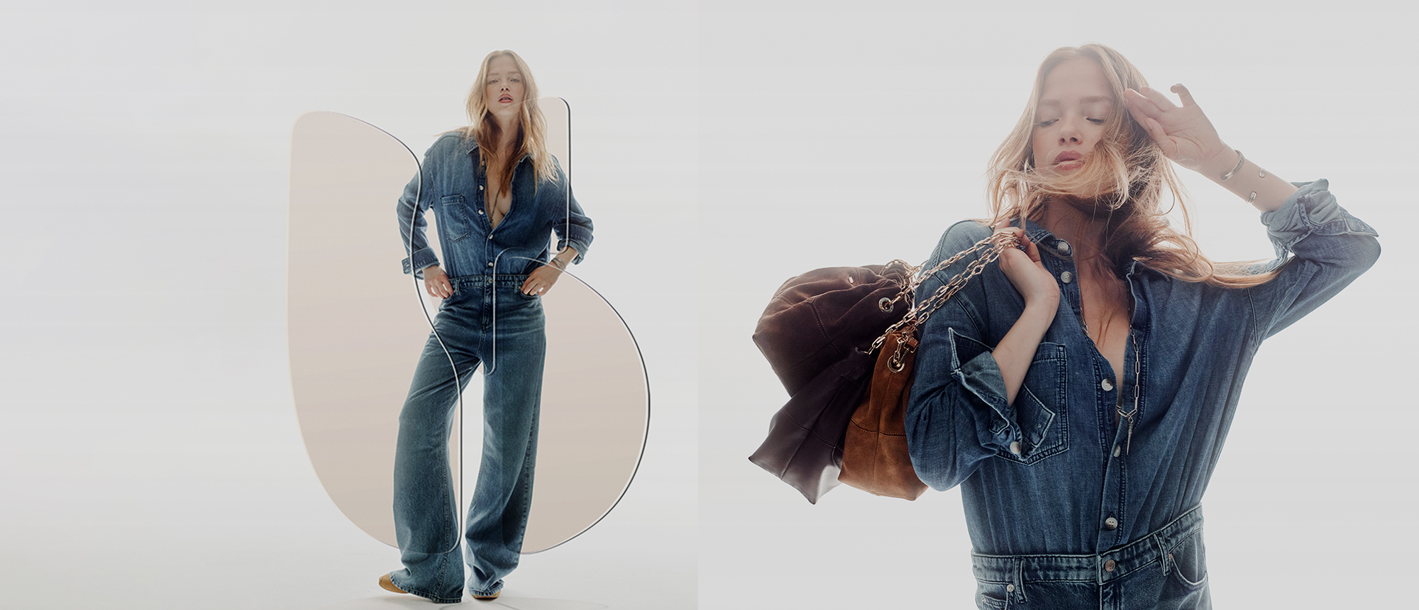 Blond hair model wearing blue jeans jumpsuit with the three new mini june tote